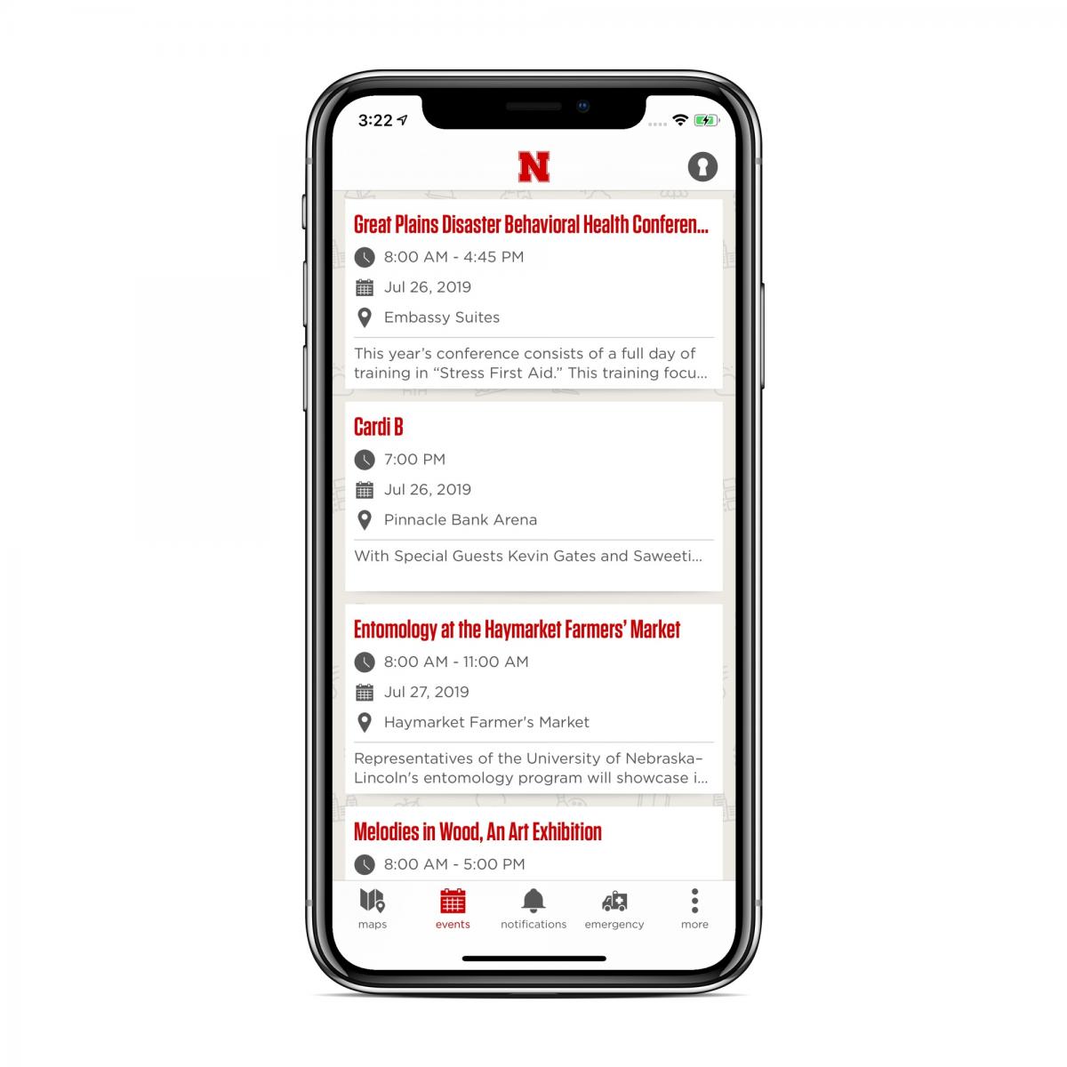 Nebraska App events screen